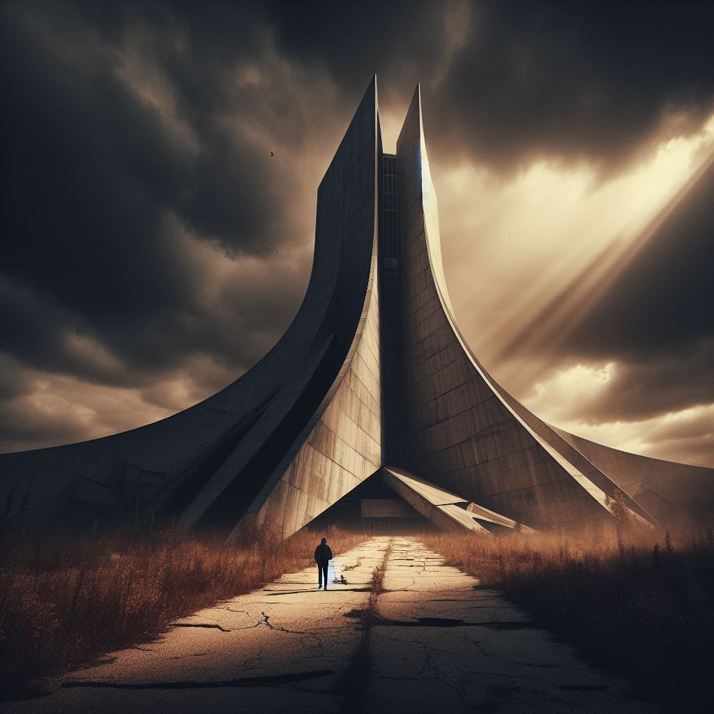 abandoned towering, sail-like structure