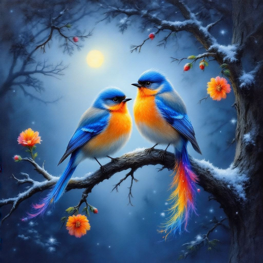 Two birds blue and orange with a long tail that turns into c...
