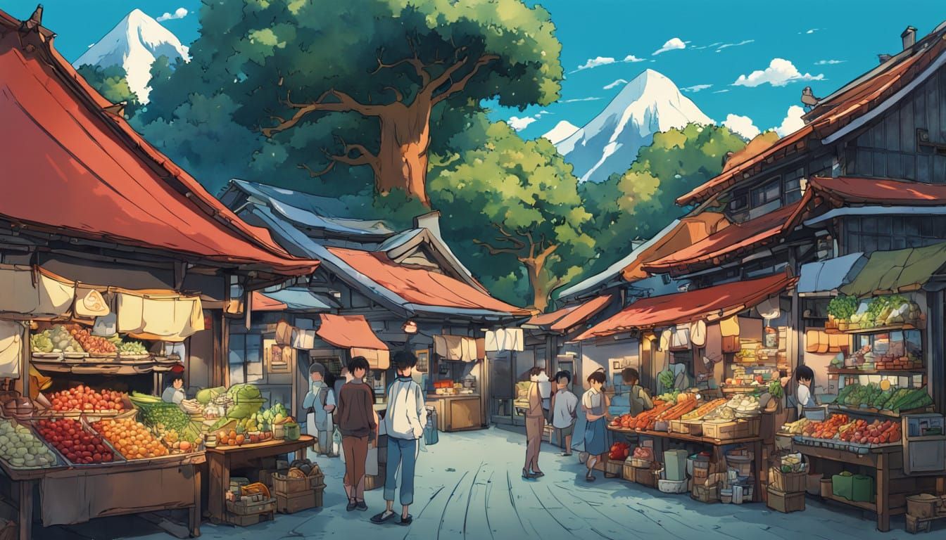 Vibrant Nagano Market Scene in Anime-Inspired Acrylic Style