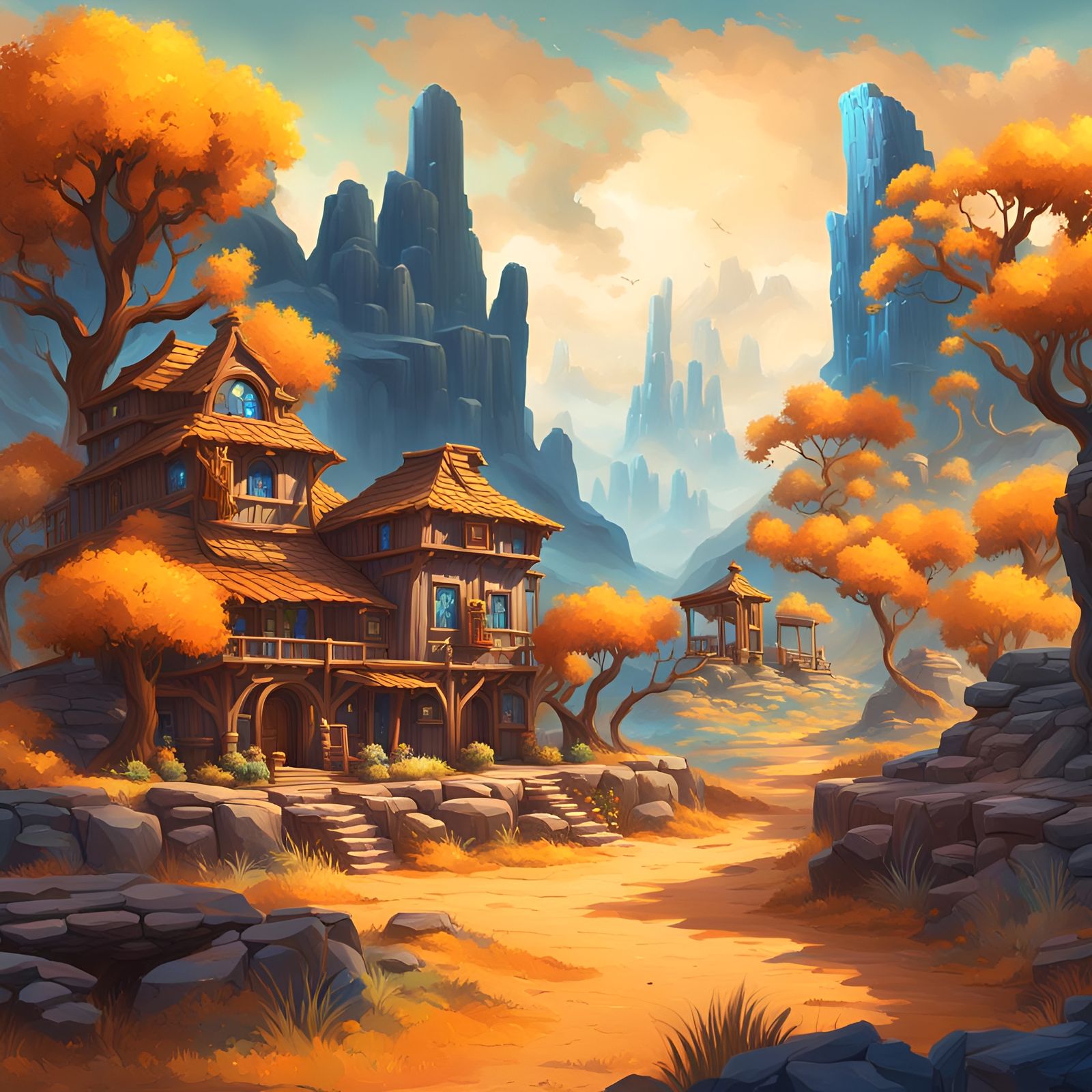 a landscape painting of a western magical land with western ...