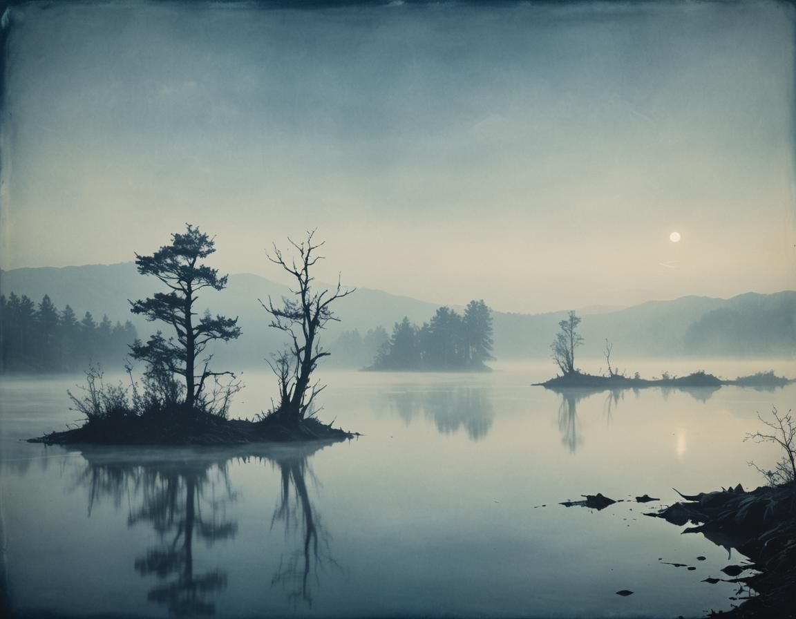Ethereal Cyanotype Landscapes Distant Shot Long Neck Monster...