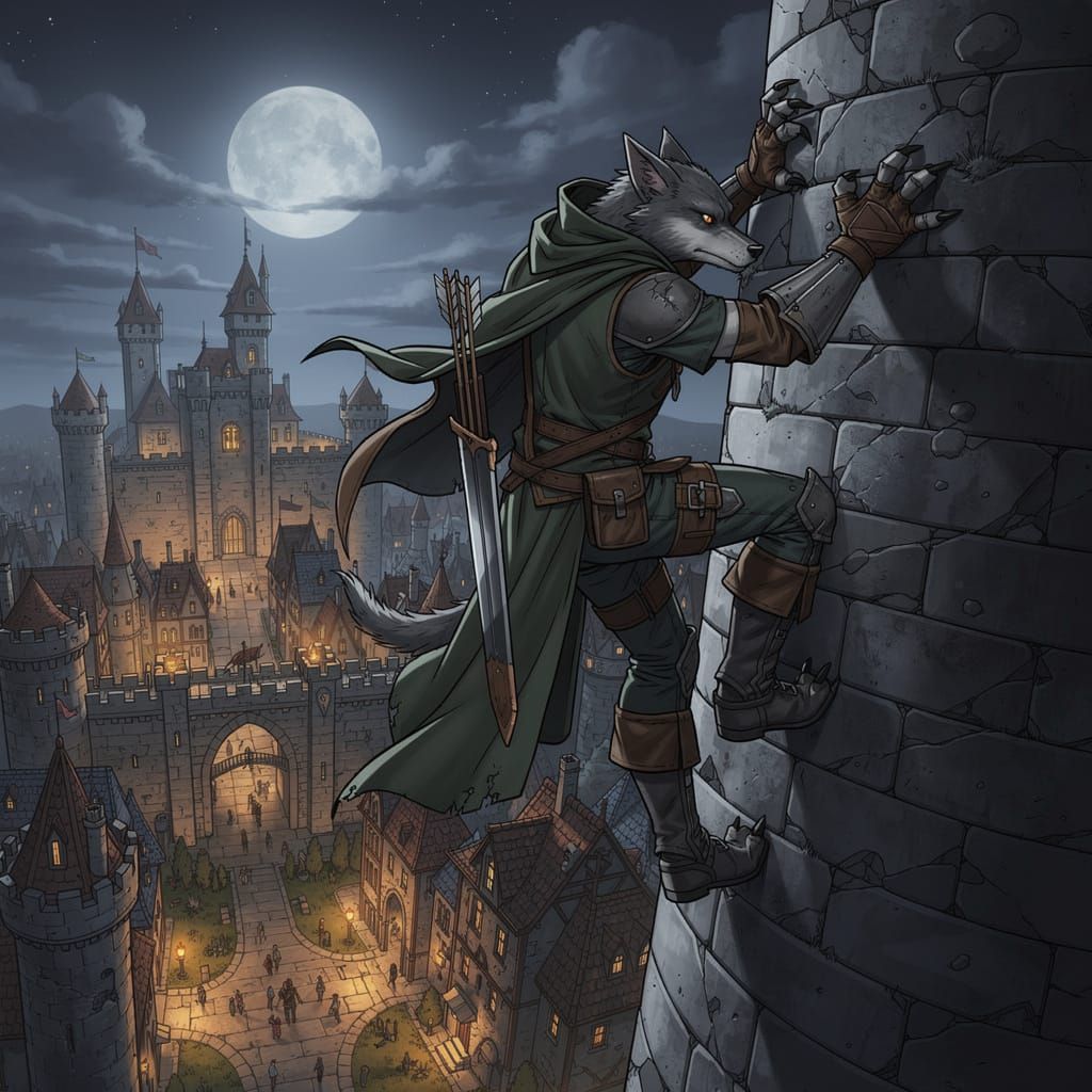 A werewolf ranger scaling the side of a tower of a castle, donning strider's garments from Lord of the Rings. 8K resolution. 35mm. Cell shad...