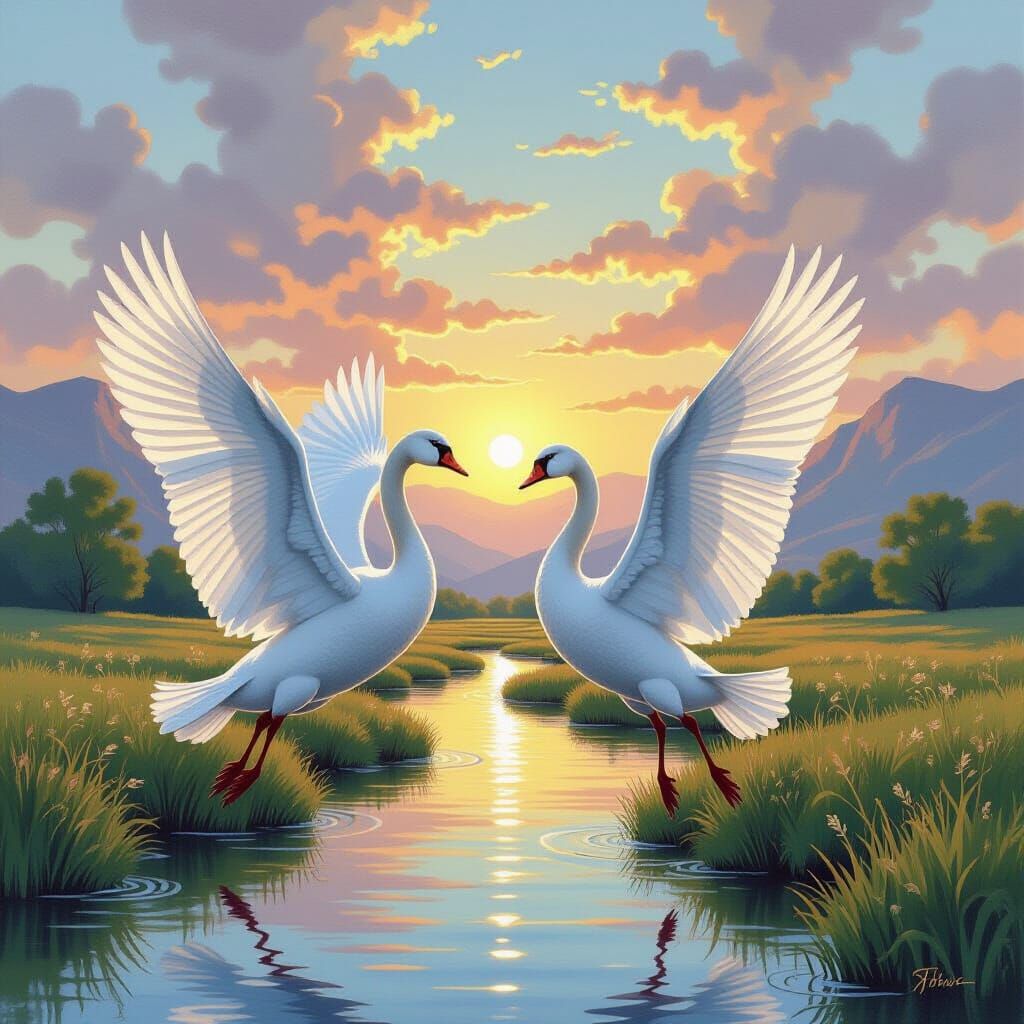 Swans in Pastel Gouache Painting