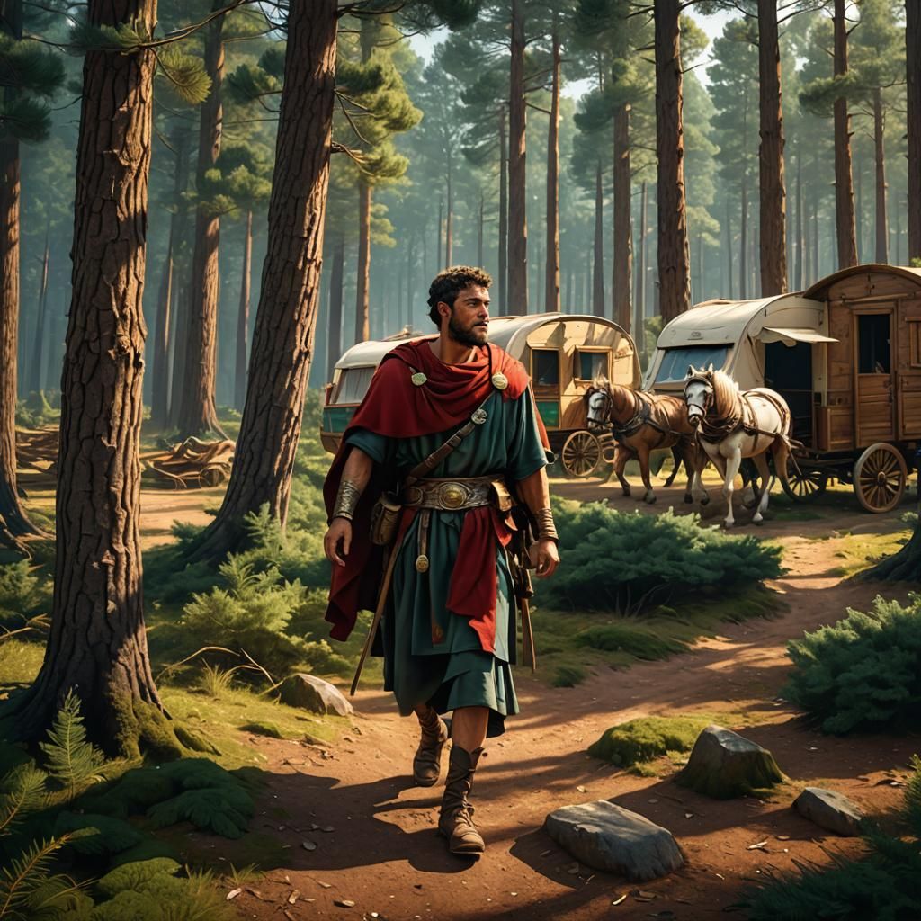 a Roman merchant walking with a caravan through a pine ...