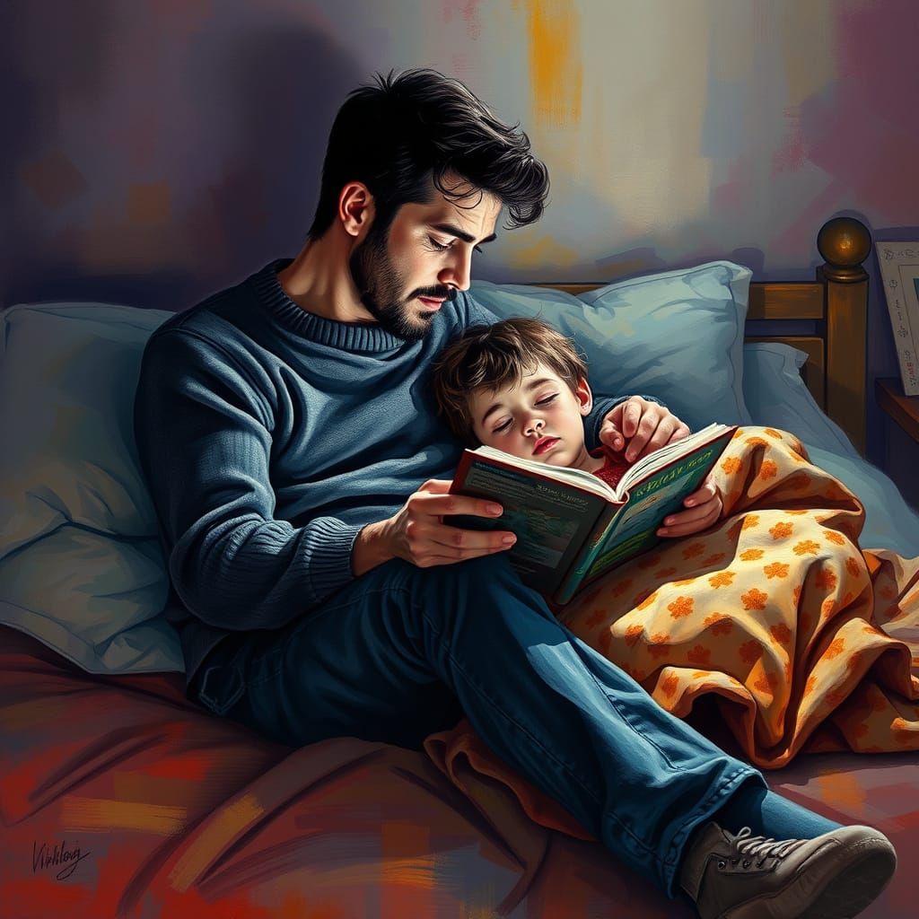 un jeune papa qui raconte une histoire à son fils couché dans son lit  hyperdetailed charcoal drawing ...  by @Dom