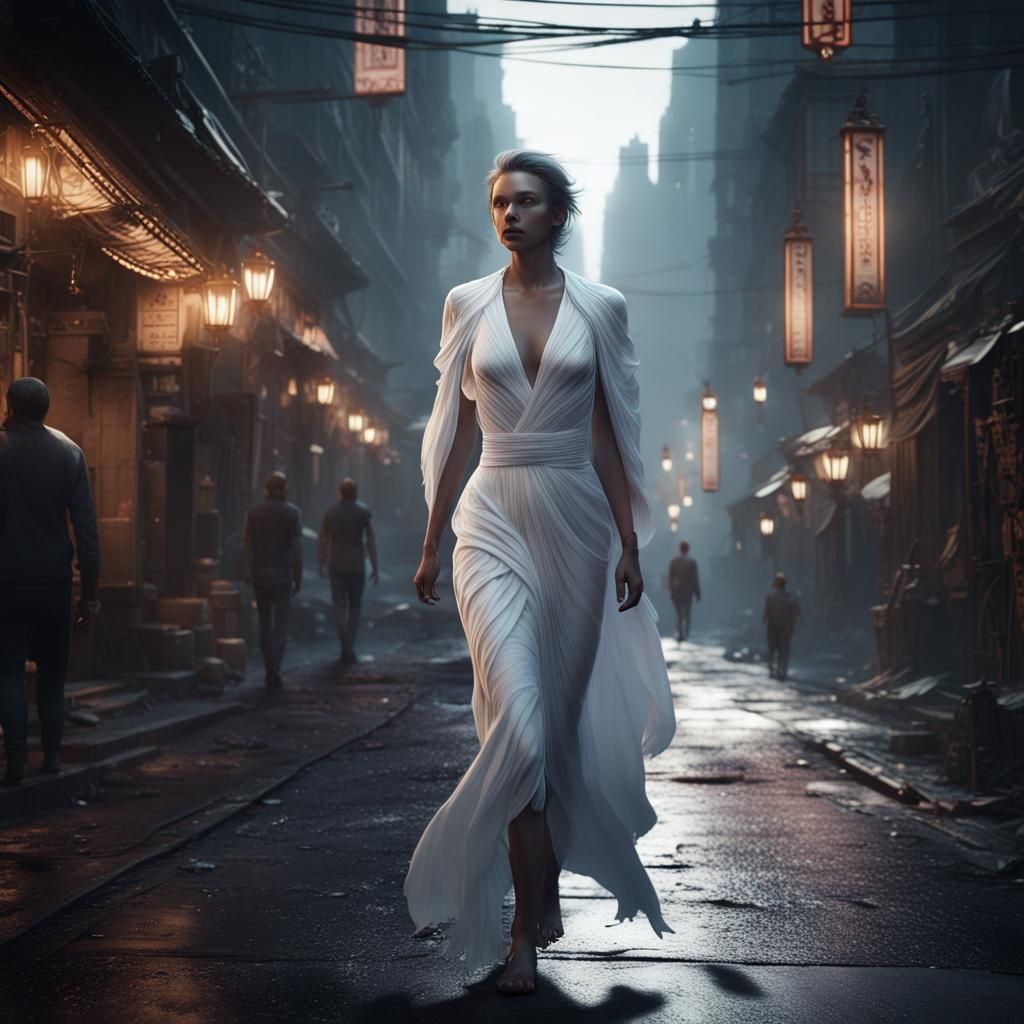 A woman in glowing white clothes walking thru a dark city street