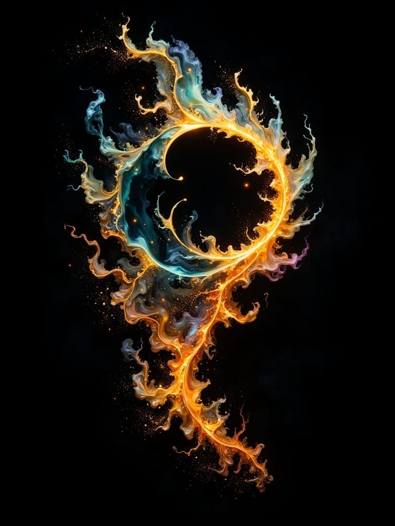 singular intricately flowing light strands against a black background, swirling particles, abstract graphics, contours of a burning phoenix,...