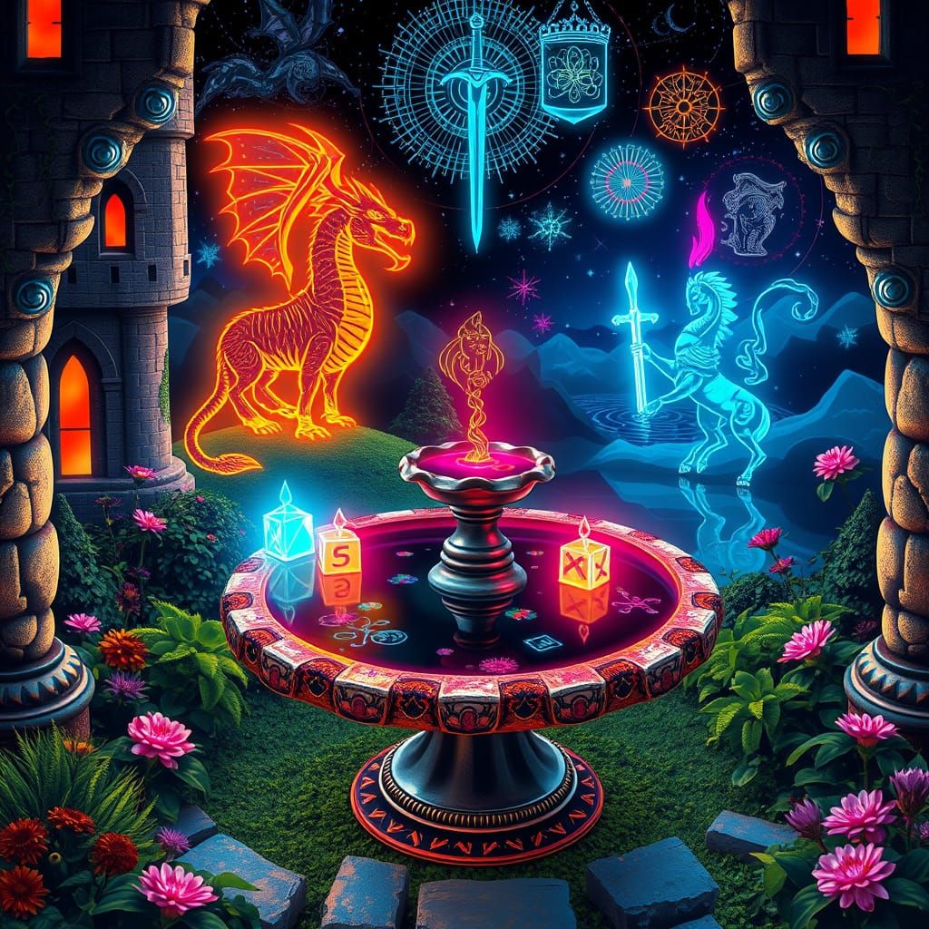 Imagine a garden in a fantasy castle.