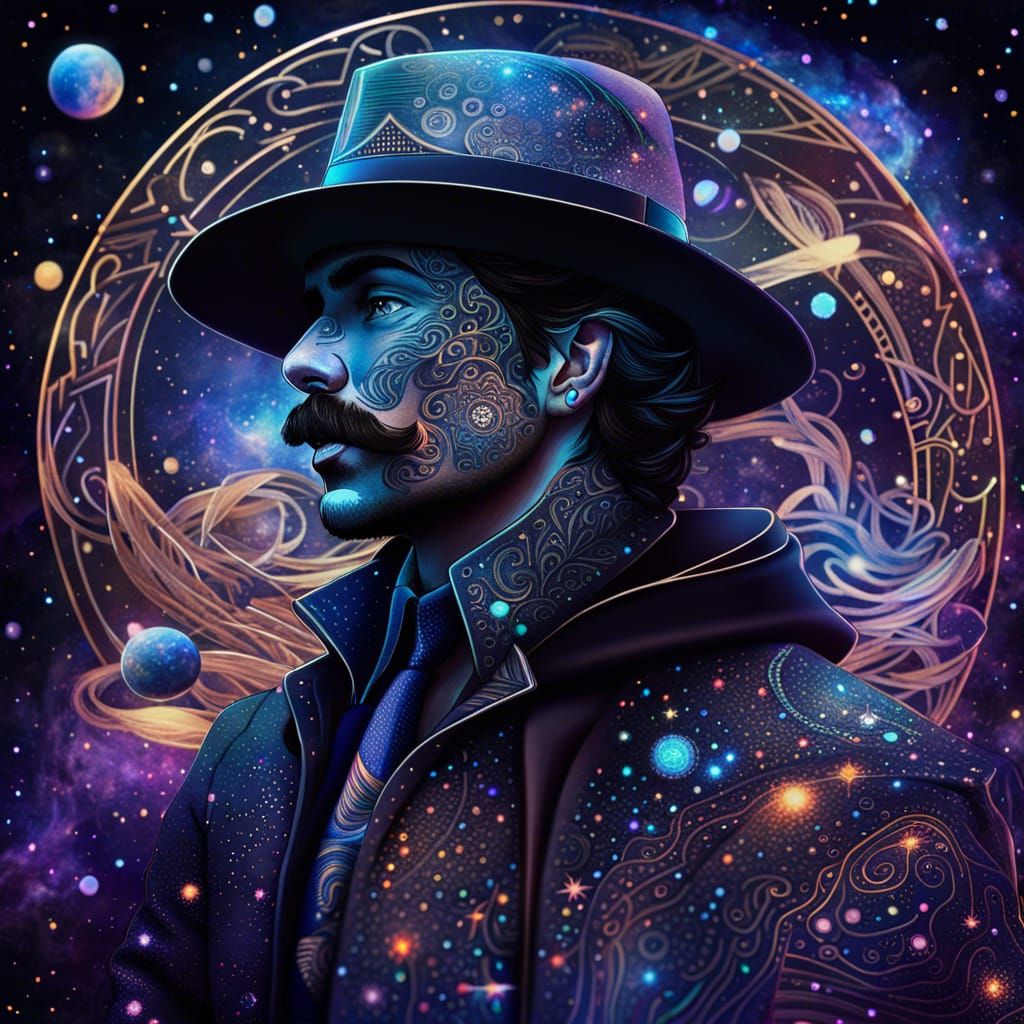 Man in Fedora Floating in Galaxy, Cosmic Art