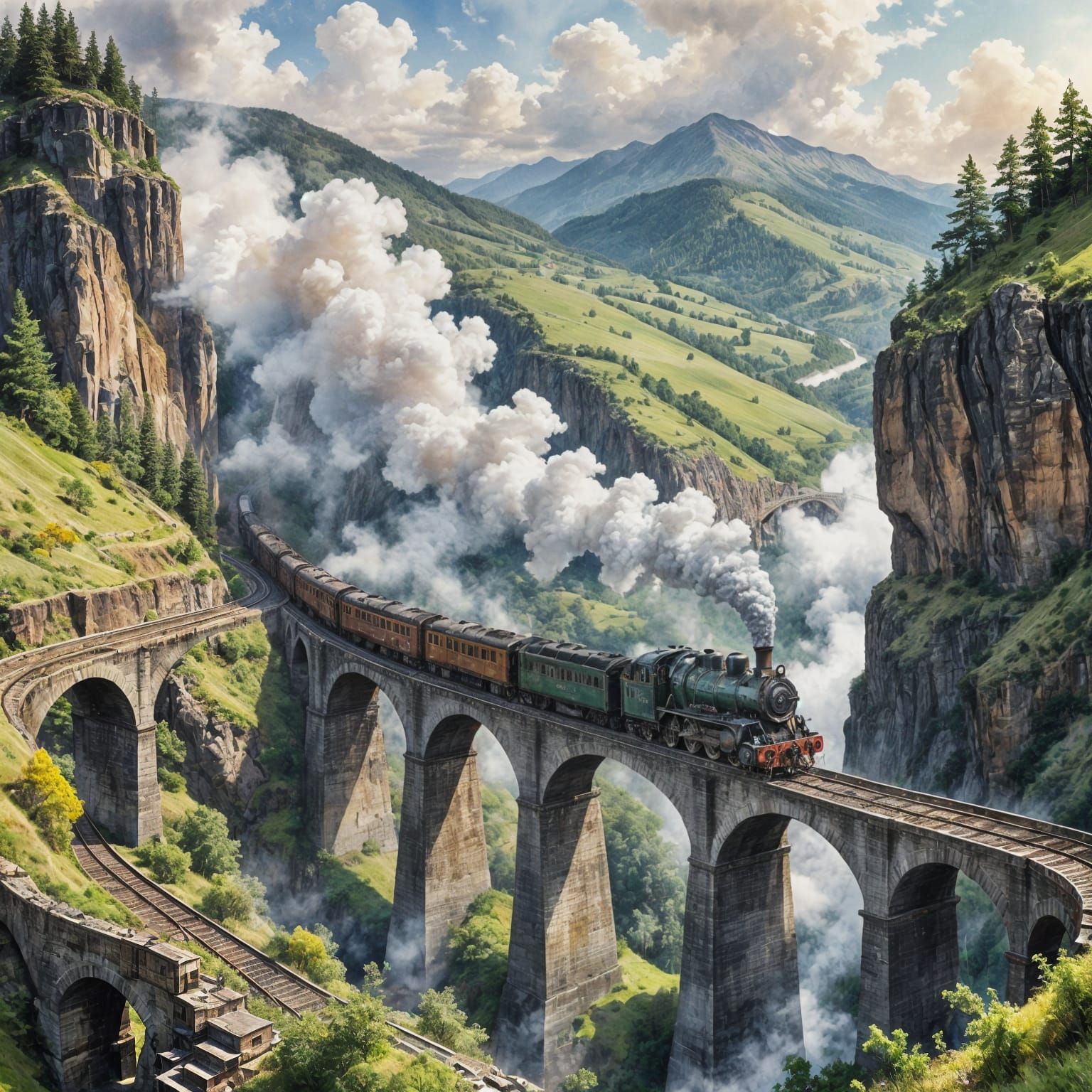 Watercolor Steam Train Crossing Mountain Viaduct