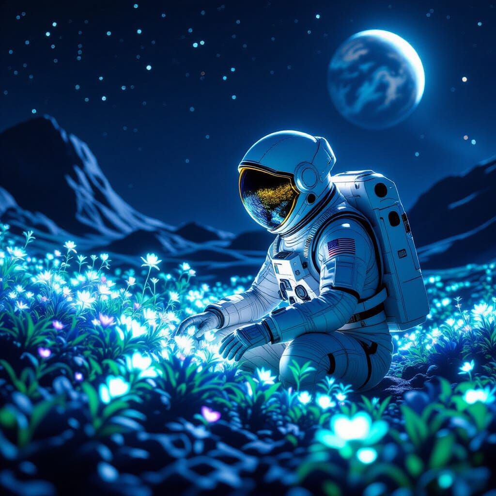 A lone astronaut tending to a bioluminescent garden on a terraformed moon, with Earth a distant, swirling marble in the inky black sky. The ...