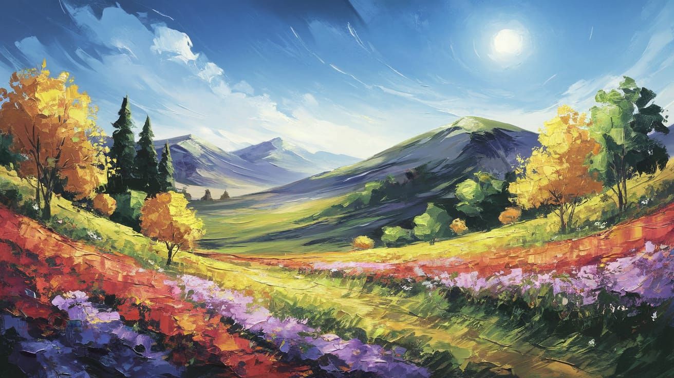 Vibrant Oil Painting of Lush Flower Field with Mountains and...