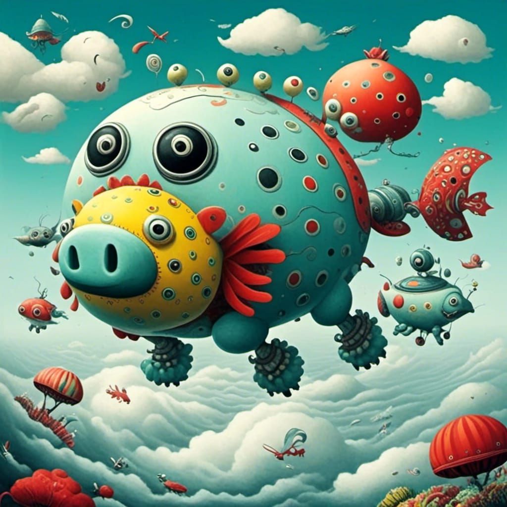 <lora:Sea monsters:1.0> Cute adorable fat flying robot pig in the clouds 