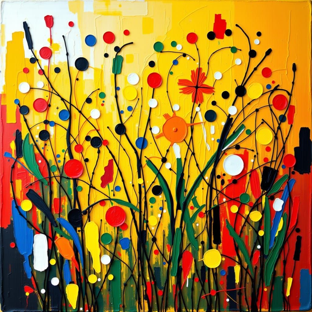 <lora:GazVibrantAbstract:1.0> A field of yellow daffodils  in the form of vibrantabstract