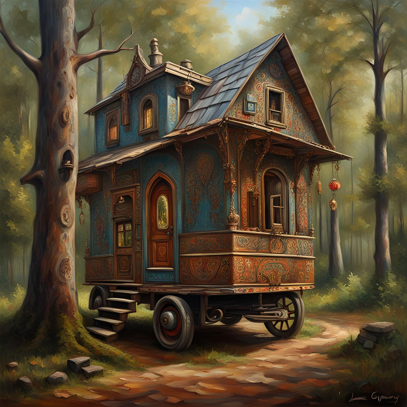 a gypsy house on wheels in the forest  oil painting by James Gurneyintricate details, HDR, beautifully ...  by @Patsy 
