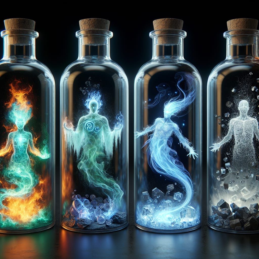 The form of Fire, Ice, wind, earth inside separate bottles, each element is represented by a ghost made ...  by @HarrietM