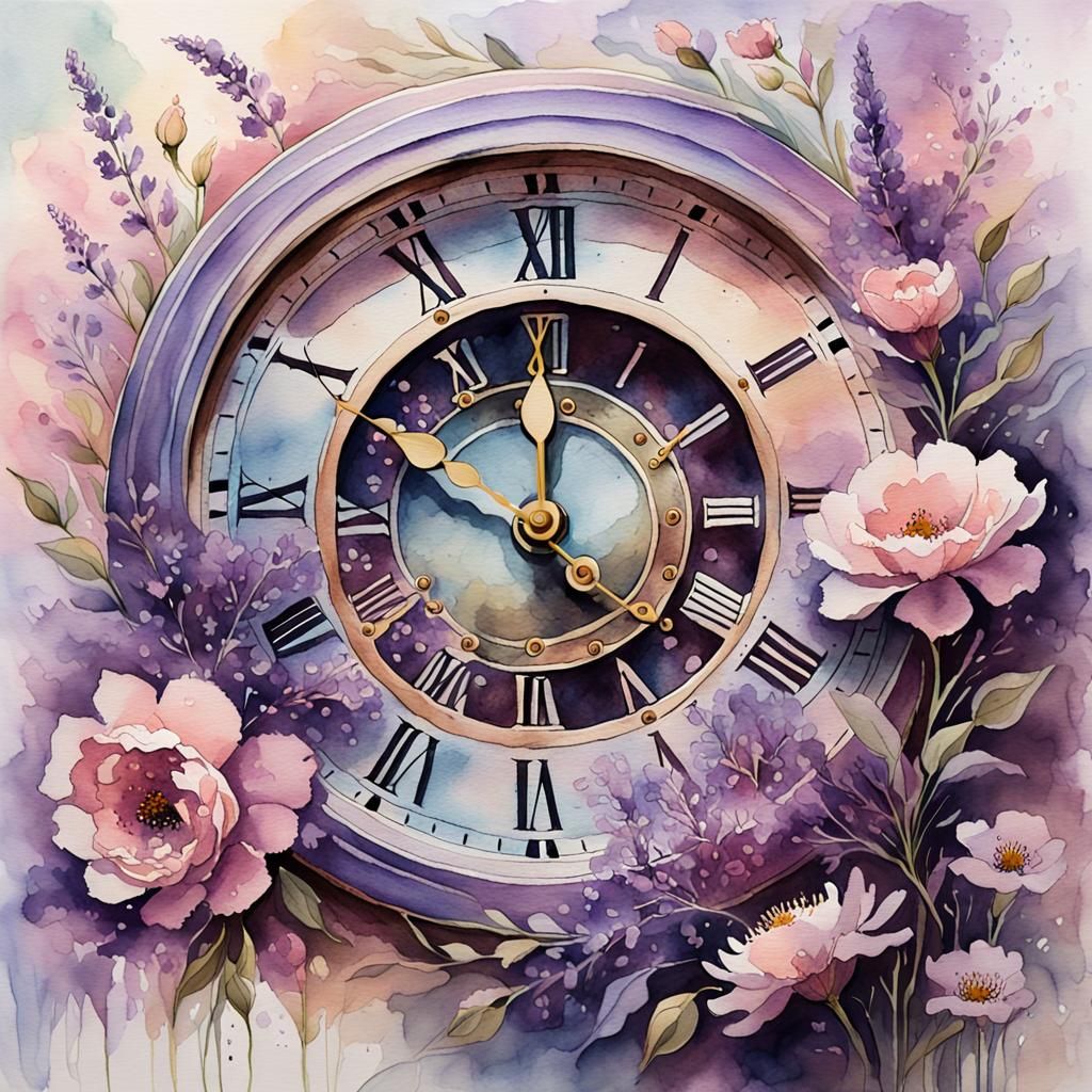 Watercolour clock hidden within a garden of mystical flowers. The clock's face, adorned with weathered ...  by @Pam