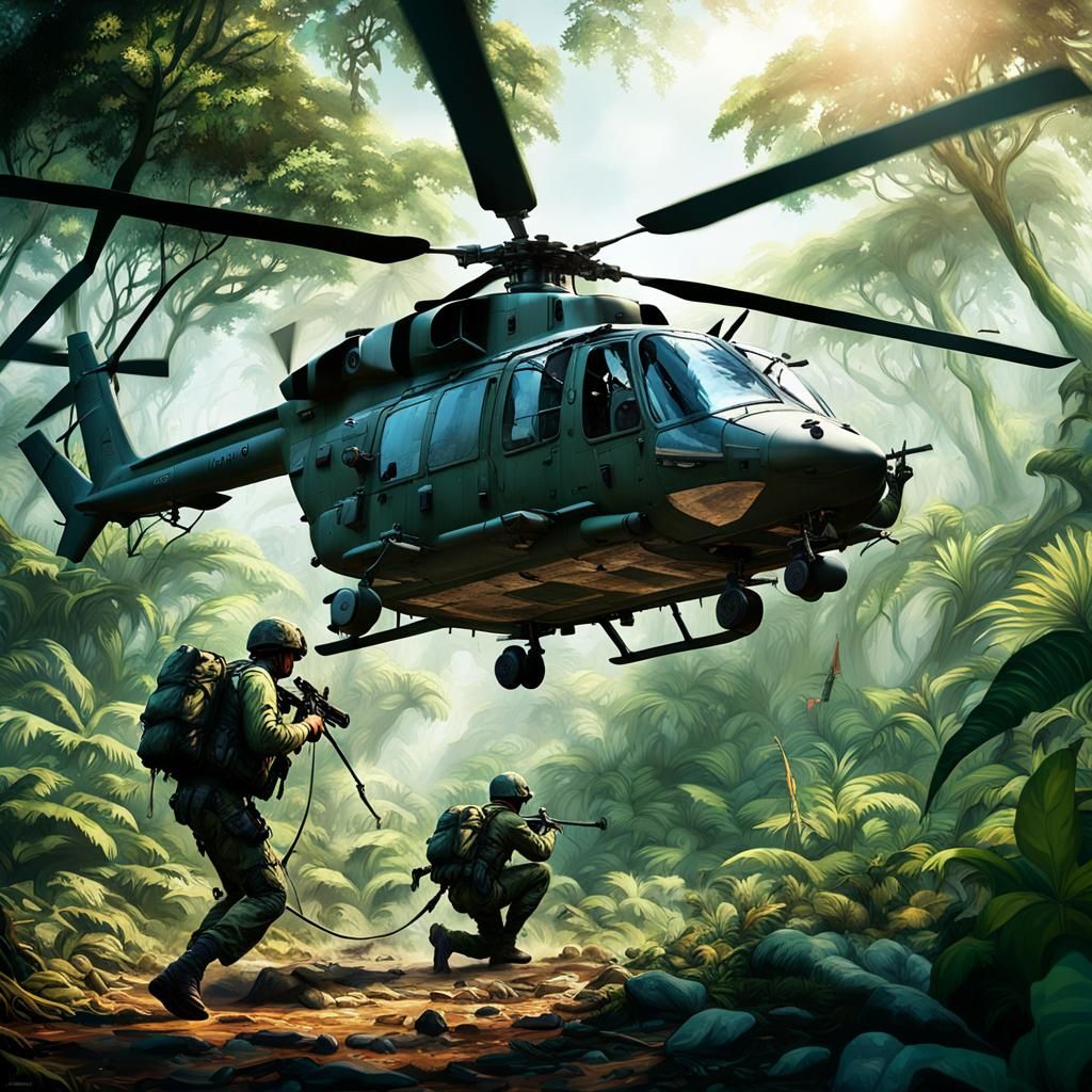 Soldiers Rappelling into Jungle Operation: Digital Art