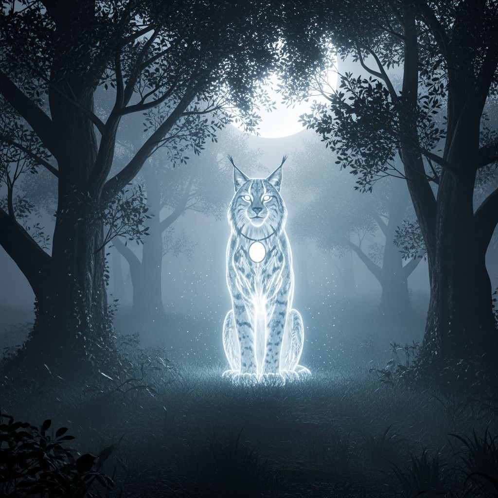 A majestic lynx with a shimmering silver patronus form, set against a misty moonlit forest background