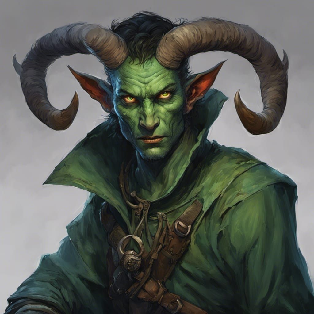 A male Tiefling with green skin and a serious face, with glowing light ...