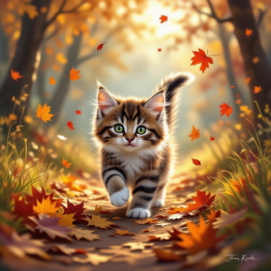 A mischievous kitten chasing drifting leaves across a forest path, scattering them in every direction