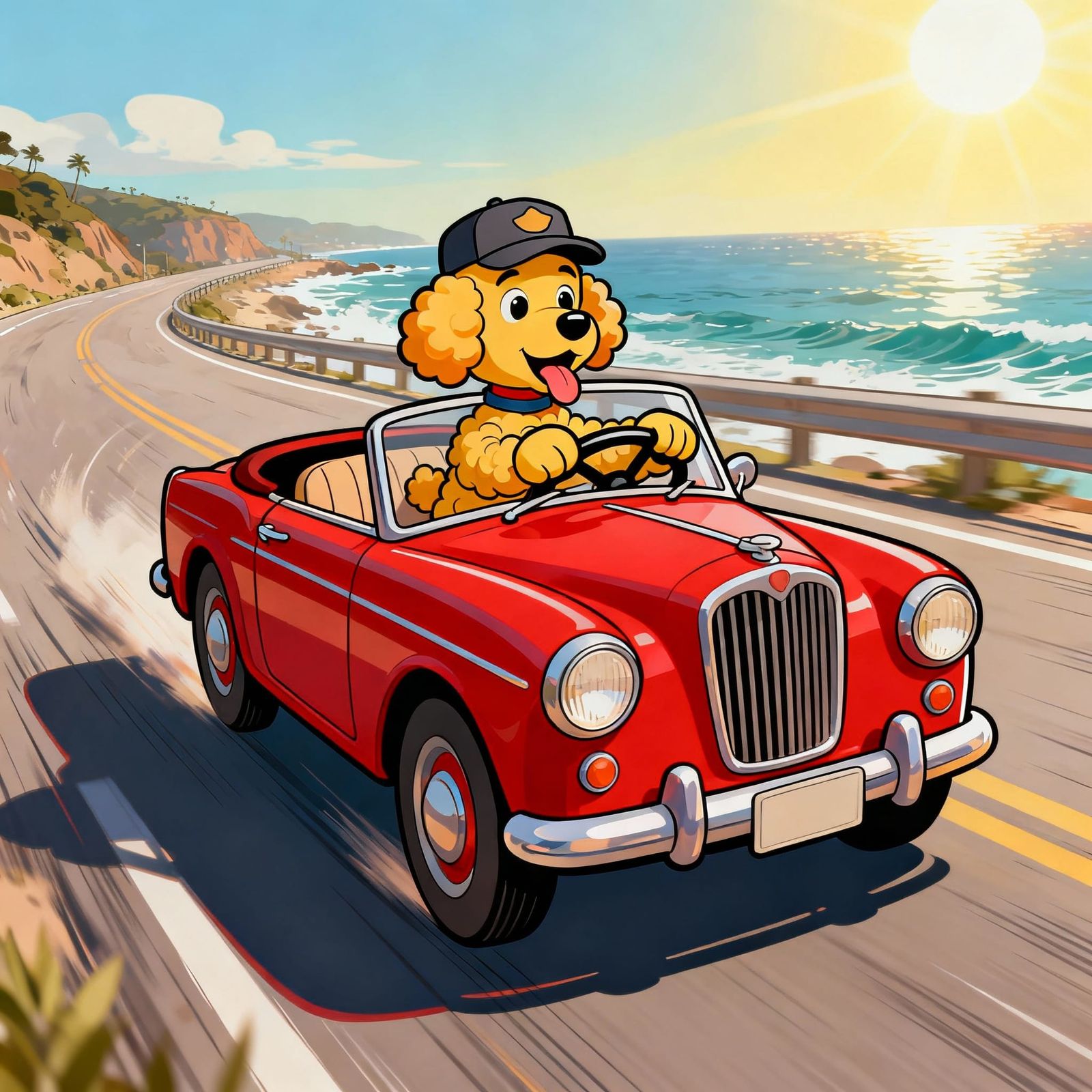 Toy Poodle Drives Vintage Convertible in Cartoon Style