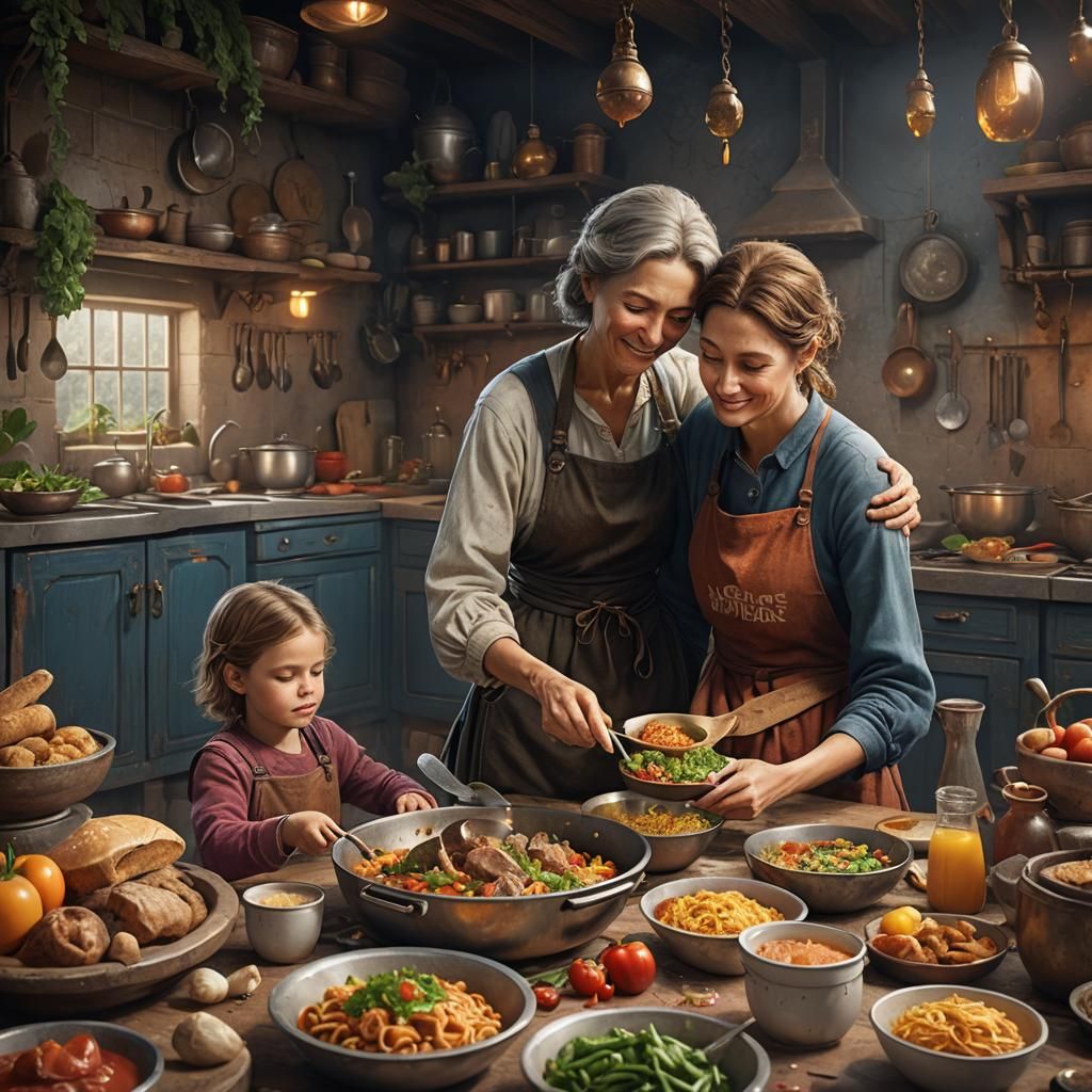 A mother making a meal with her child and granddauther  by @Tasmaniac01