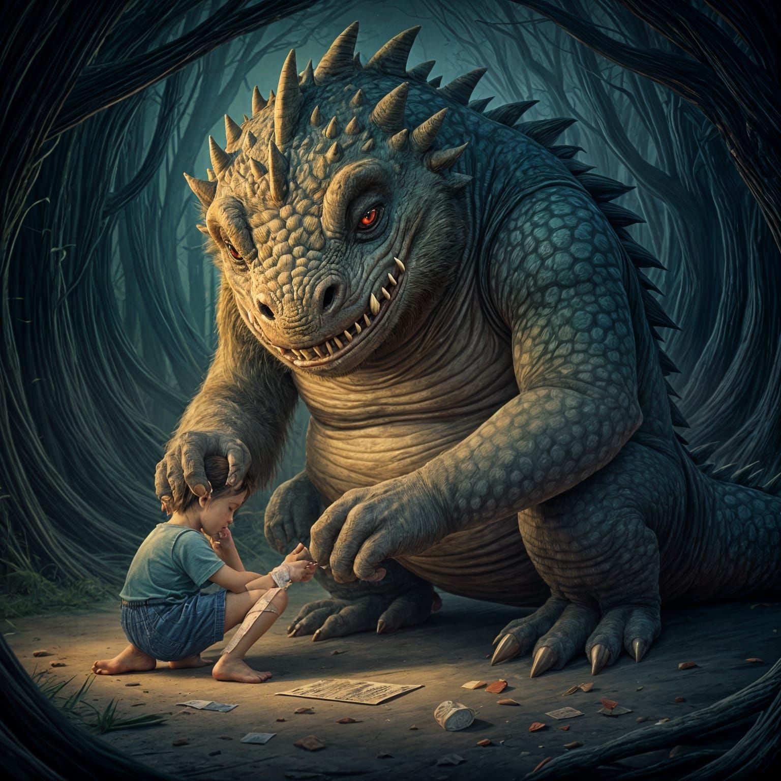 I gentle beast of fantasy, large and ugly but kind, putting a bandaid on a child   by @Pep