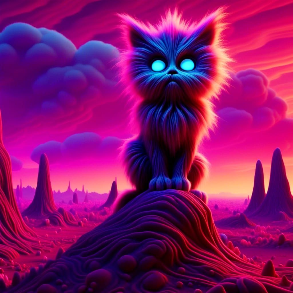 <lora:KaleidoFuzz:1.0> A Grumpy Kitten sitting on a rock, stunning desert sunset. Endless landscape view.