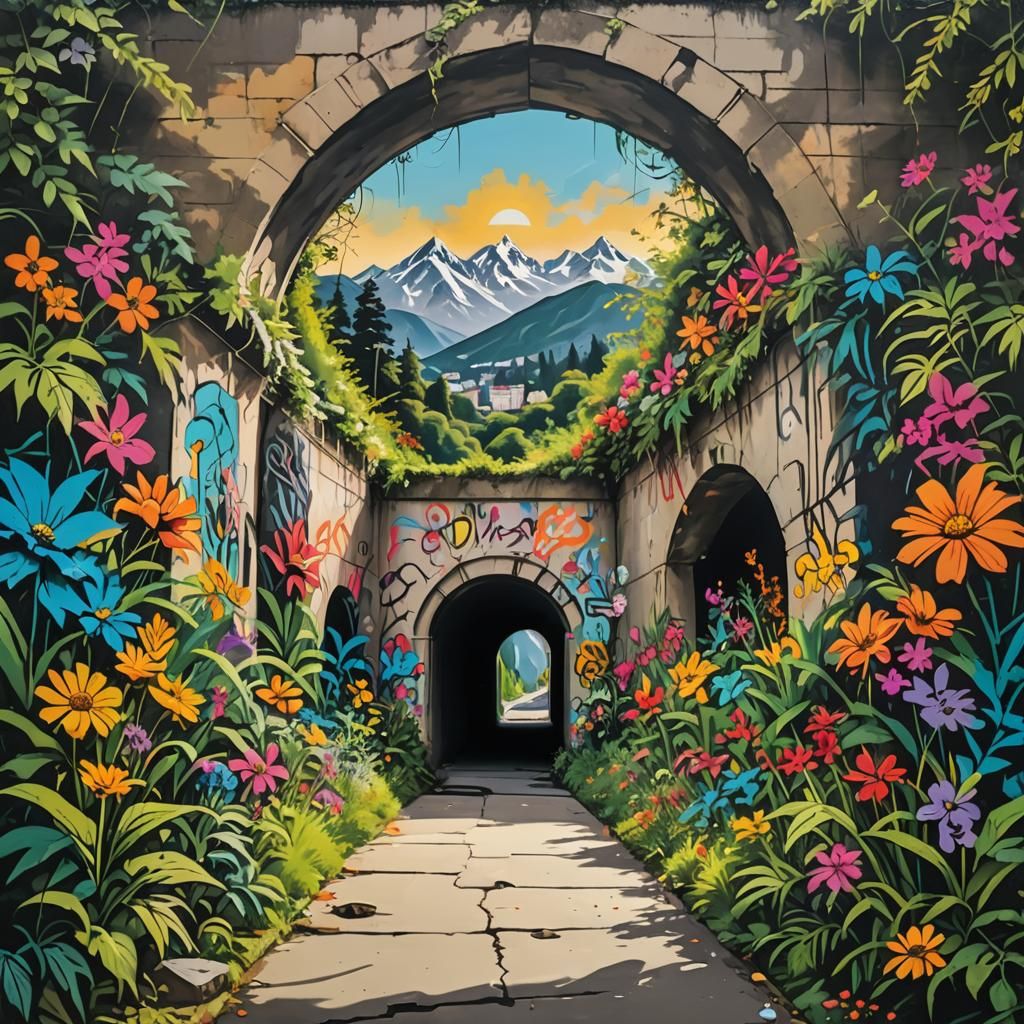 A tunnel with a beautiful nature scenery in streetart