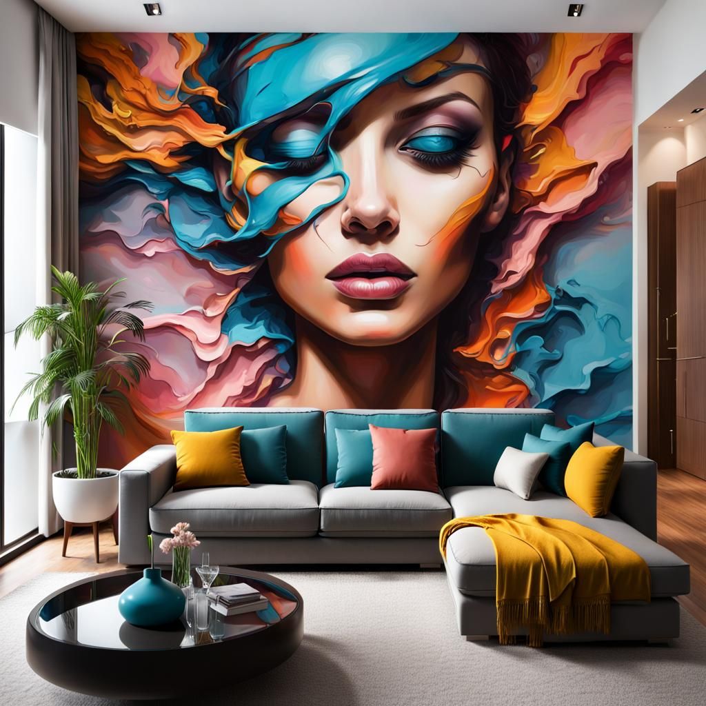 interior design with a striking living room mural. - AI Generated ...