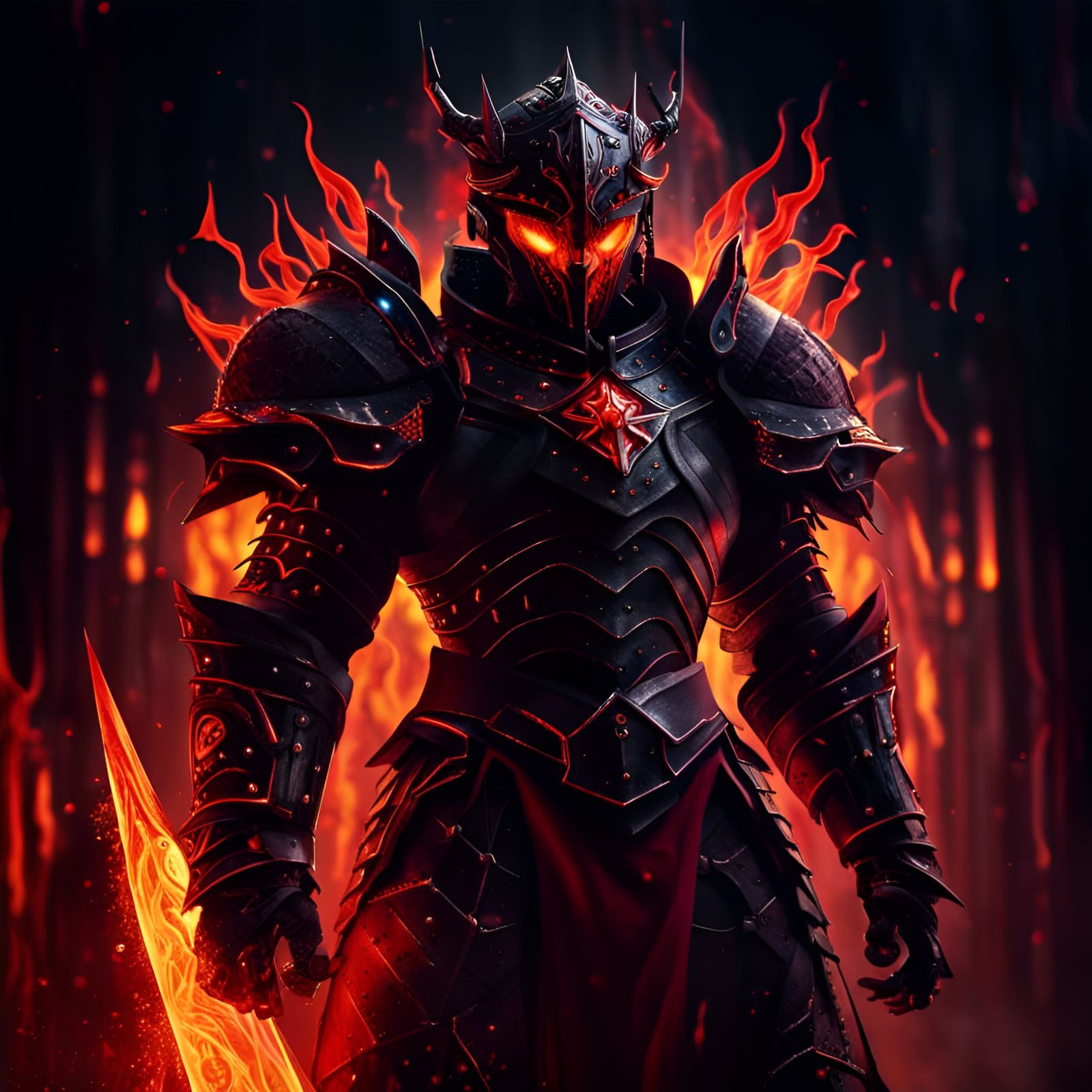 a fiery hell knight with red glowing eyes behind the visor w...