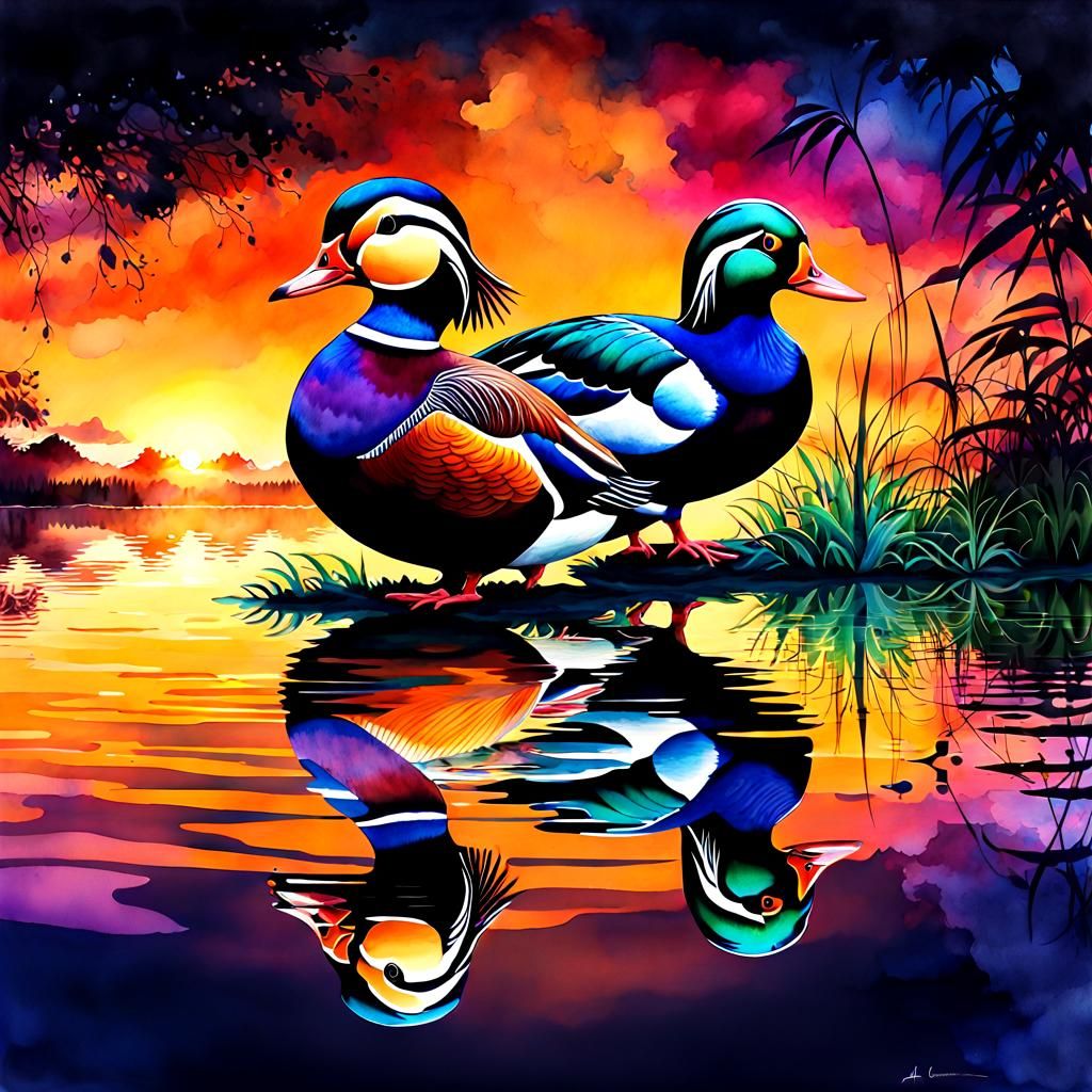 Mandarin ducks and reflections - AI Generated Artwork - NightCafe Creator