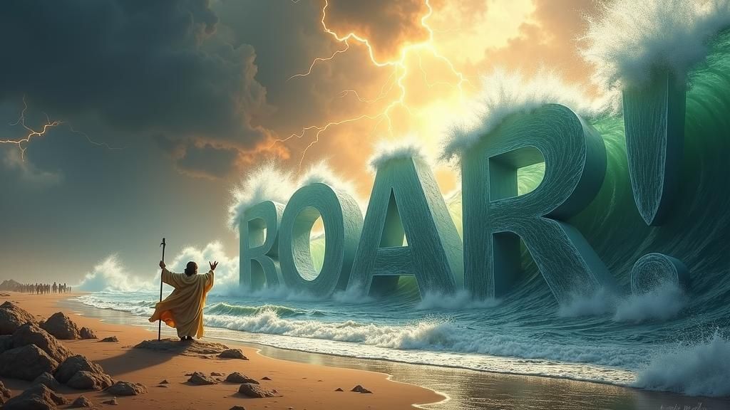 In an epic, Biblical scene inspired by the parting of the Red Sea, the onomatopoeic word 'Roar!' is creatively ...  by @PKuTeK