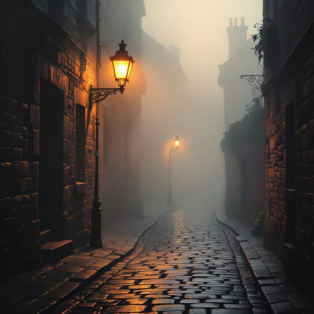 Ancient Cobblestone Street in Heavy Fog