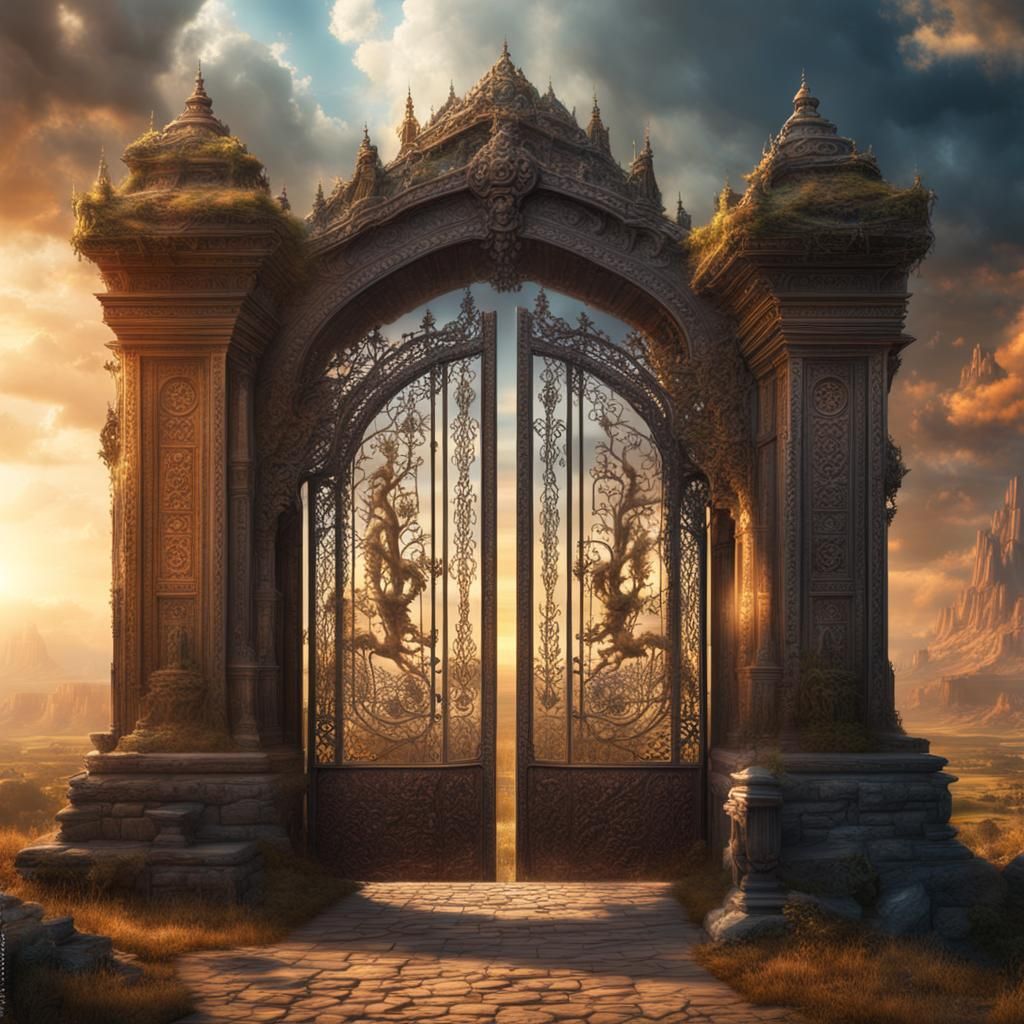 An ancient gate and inside it curtains and a delicately deco...