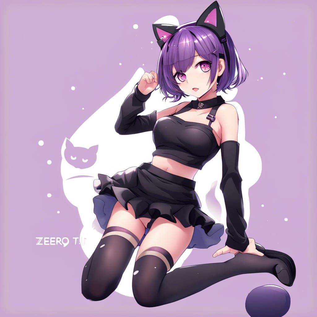 Big chested girl wearing black, purple hair and cat ears, bi...