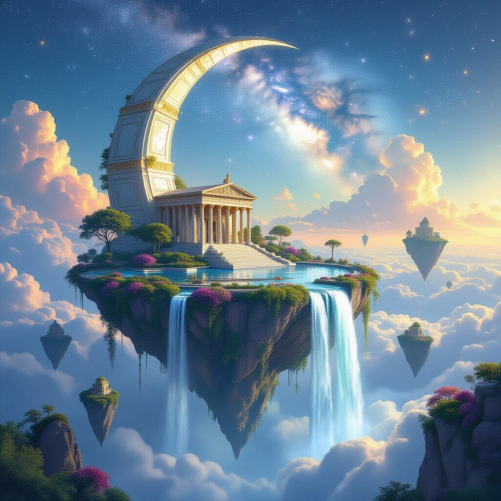 A colossal floating island shaped like a crescent moon, covered in lush blooming gardens and glowing ...  by @Arcane_echoes