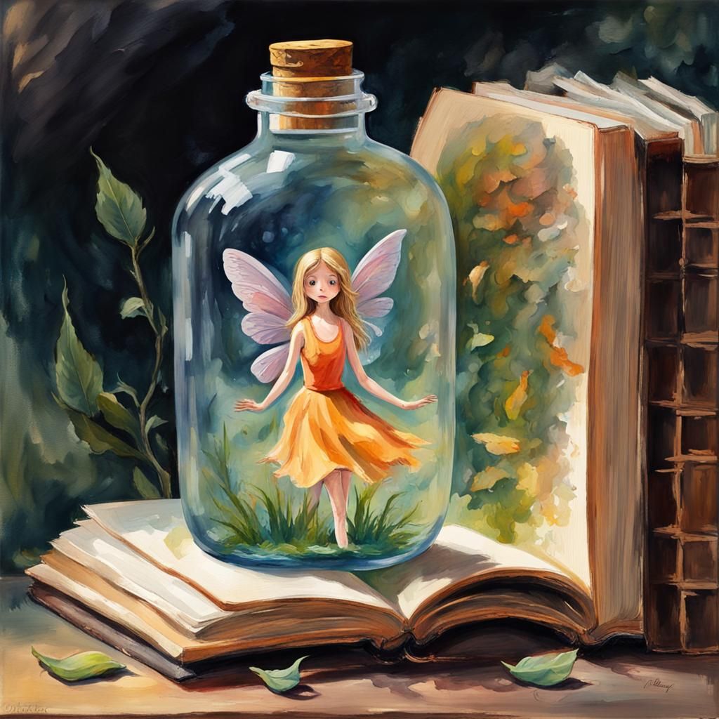 A fairy in a bottle coming out of a book