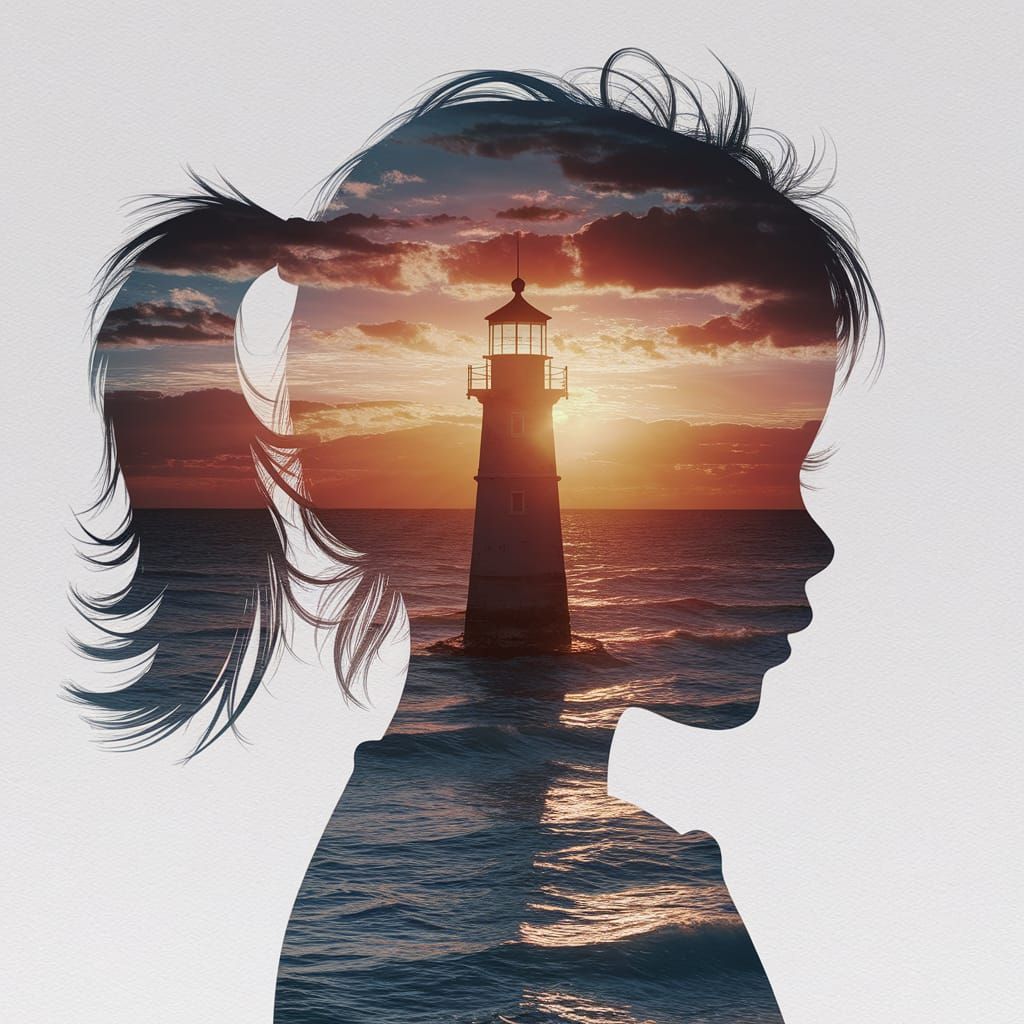 Silhuette Double Exposure Portrait and lighthouse.
