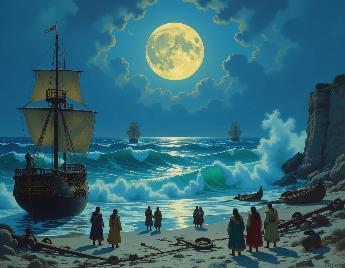 mythic oil painting in the style of classical masters, depicting a grand legendary scene: the storming sea has parted, forming vast walls of...