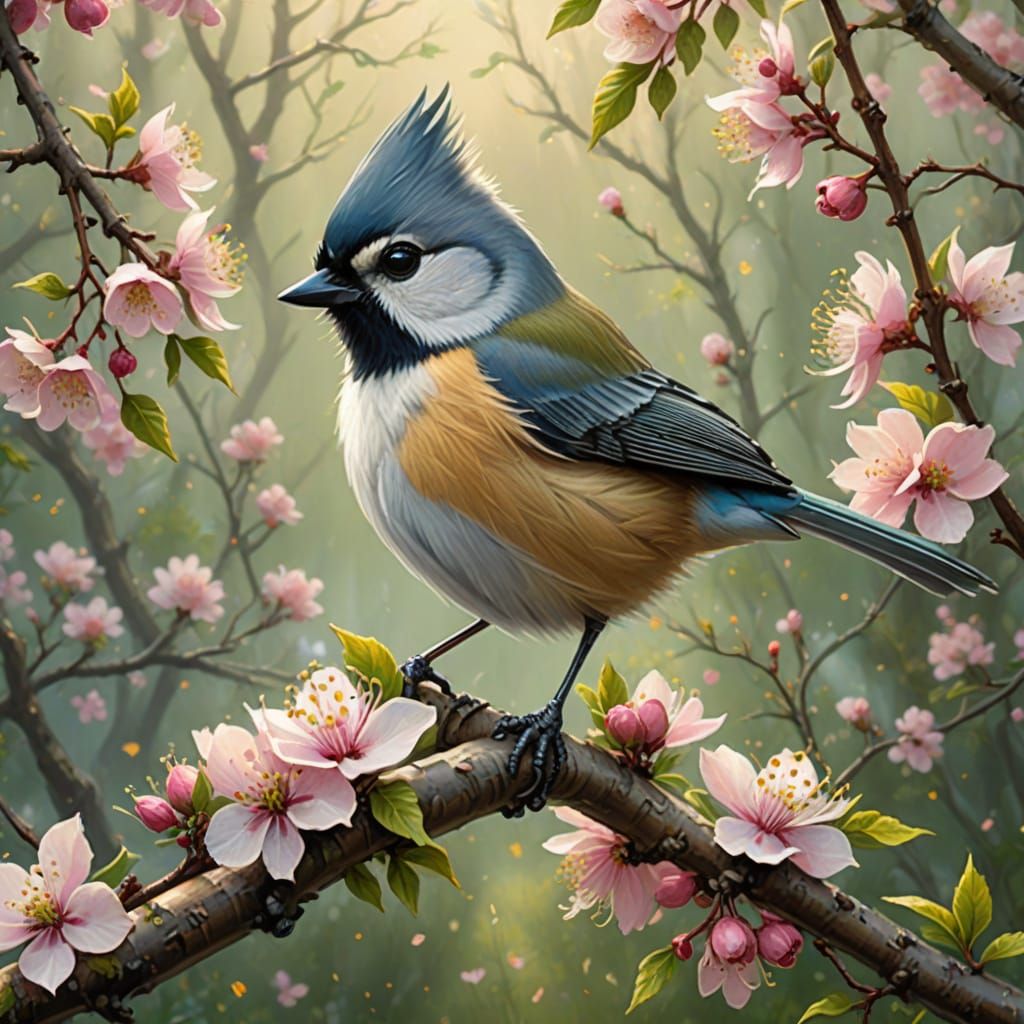 a titmouse on a flowering hawthorn  by @Ithil