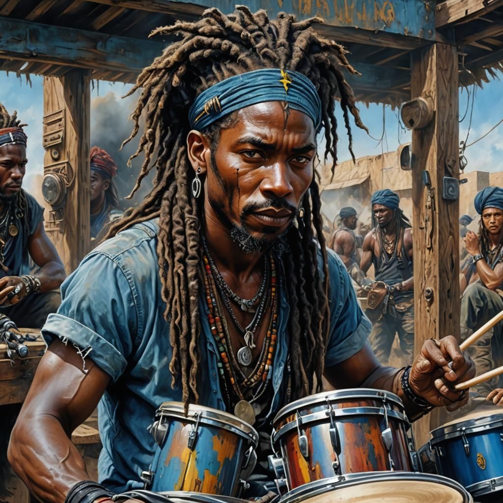 Post apocalyptic rocker, tall African percussionist, very ha...
