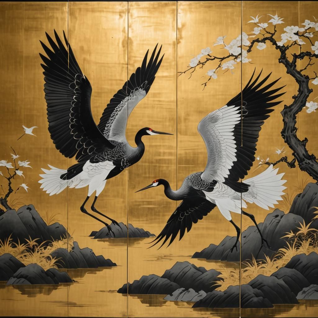 "Japanese black lacquer three panel screen with flying cranes in shades of gold and white in the style of Ohara Koson, Koitsu"