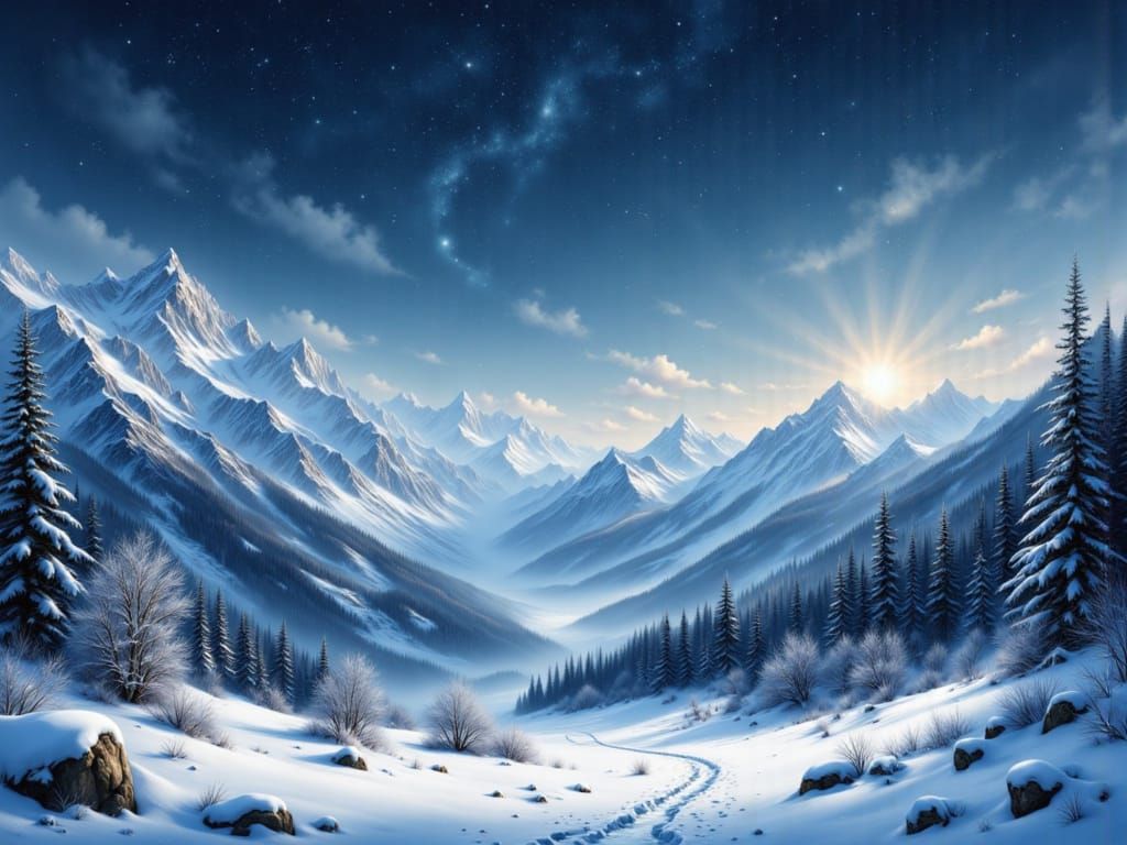 Majestic Snowy Mountain Landscape Under Starry Night Sky