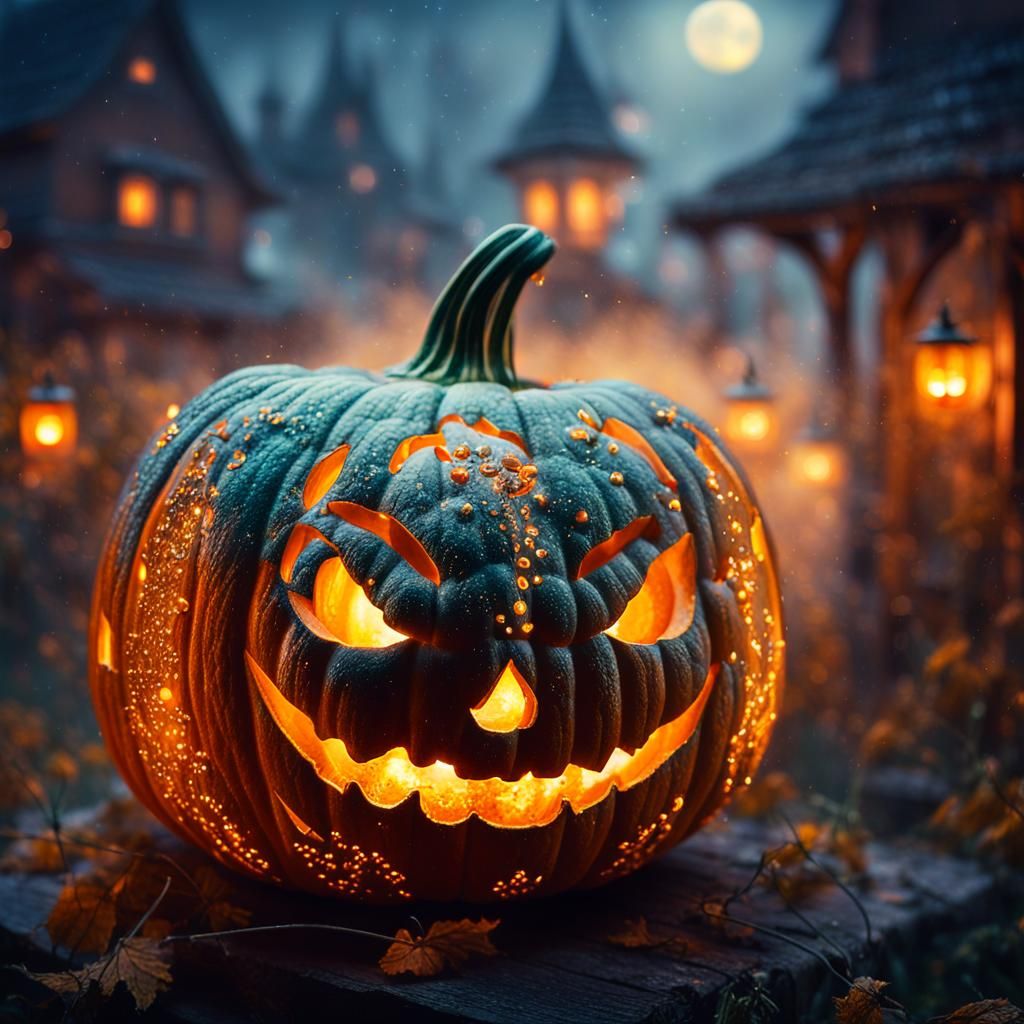 Magical Pumpkin in Misty Village: Ethereal Fantasy Art