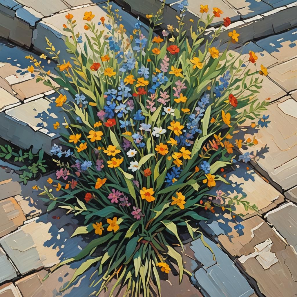 a lovely bouquet of wildflowers growing in a crack in the si...