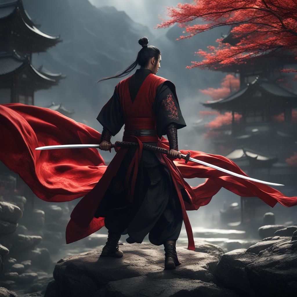 dark haired, asian, samurai, man, flowing red and black robe...