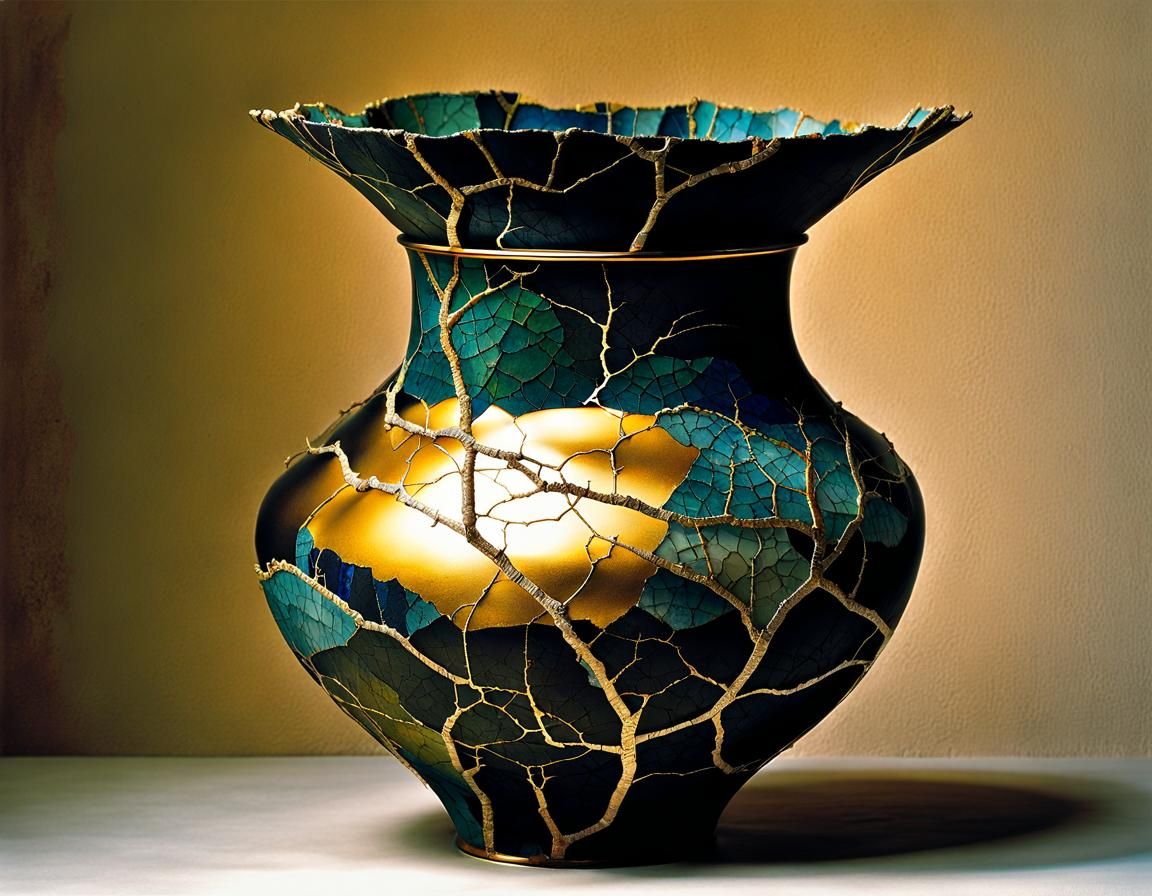 cracked vase, repaired with Kintsugi gold