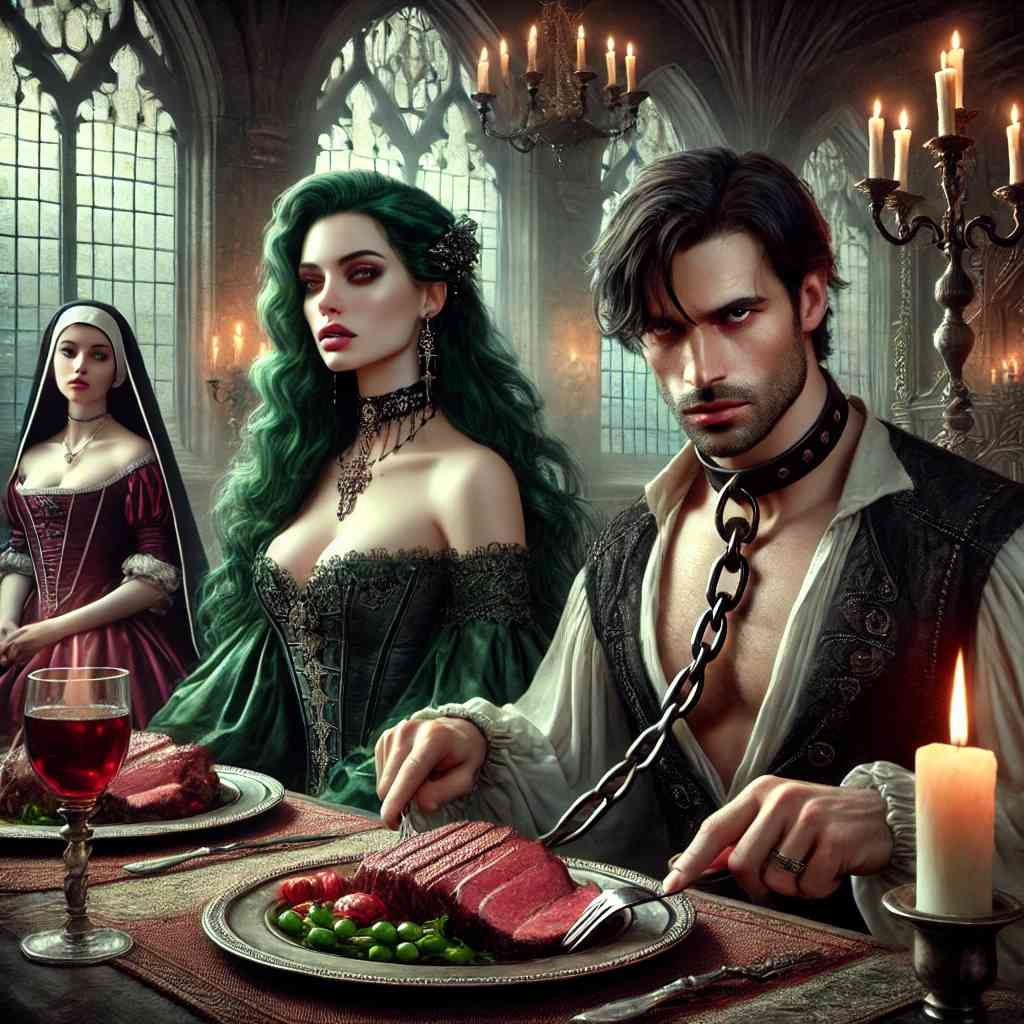 Tied up pirate at banquet with witch and nun